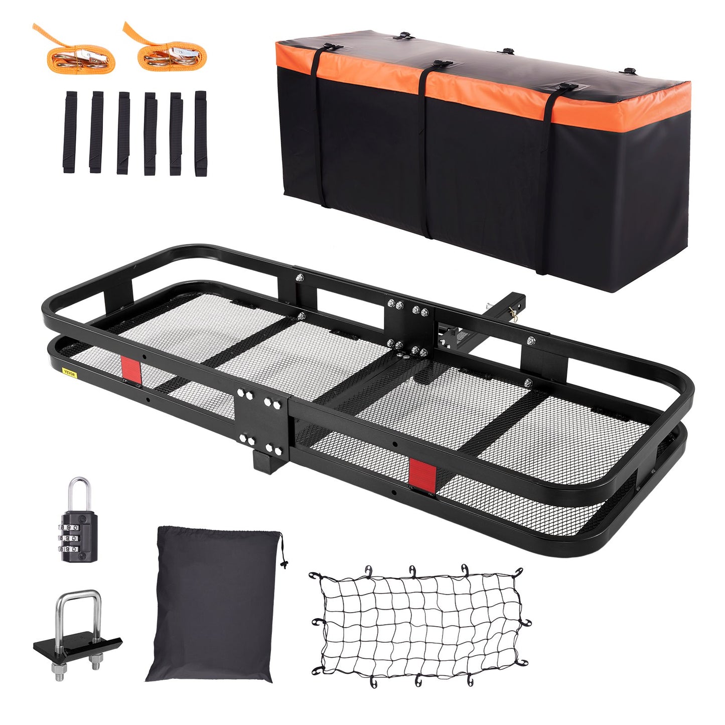 Hitch Cargo Carrier, 60 x 24 x 6 in Folding Trailer Hitch Mounted Steel Cargo Basket, 500lb Luggage Carrier Rack with Waterproof Cargo Bag & Cargo Net, Fit 2" Hitch Receive