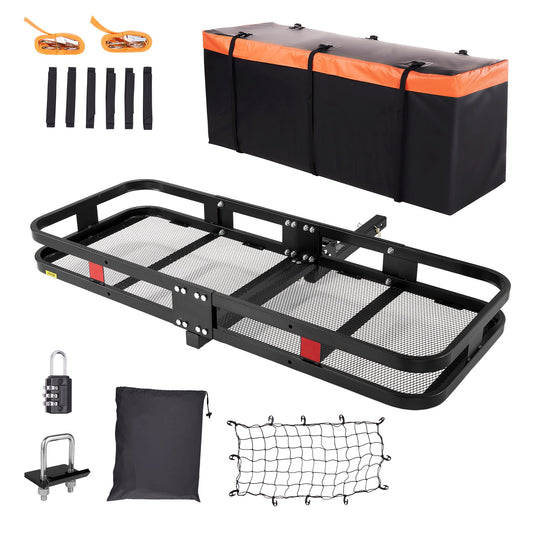 Hitch Cargo Carrier, 60 x 24 x 6 in Folding Trailer Hitch Mounted Steel Cargo Basket, 500lb Luggage Carrier Rack with Waterproof Cargo Bag & Cargo Net, Fit 2" Hitch Receive